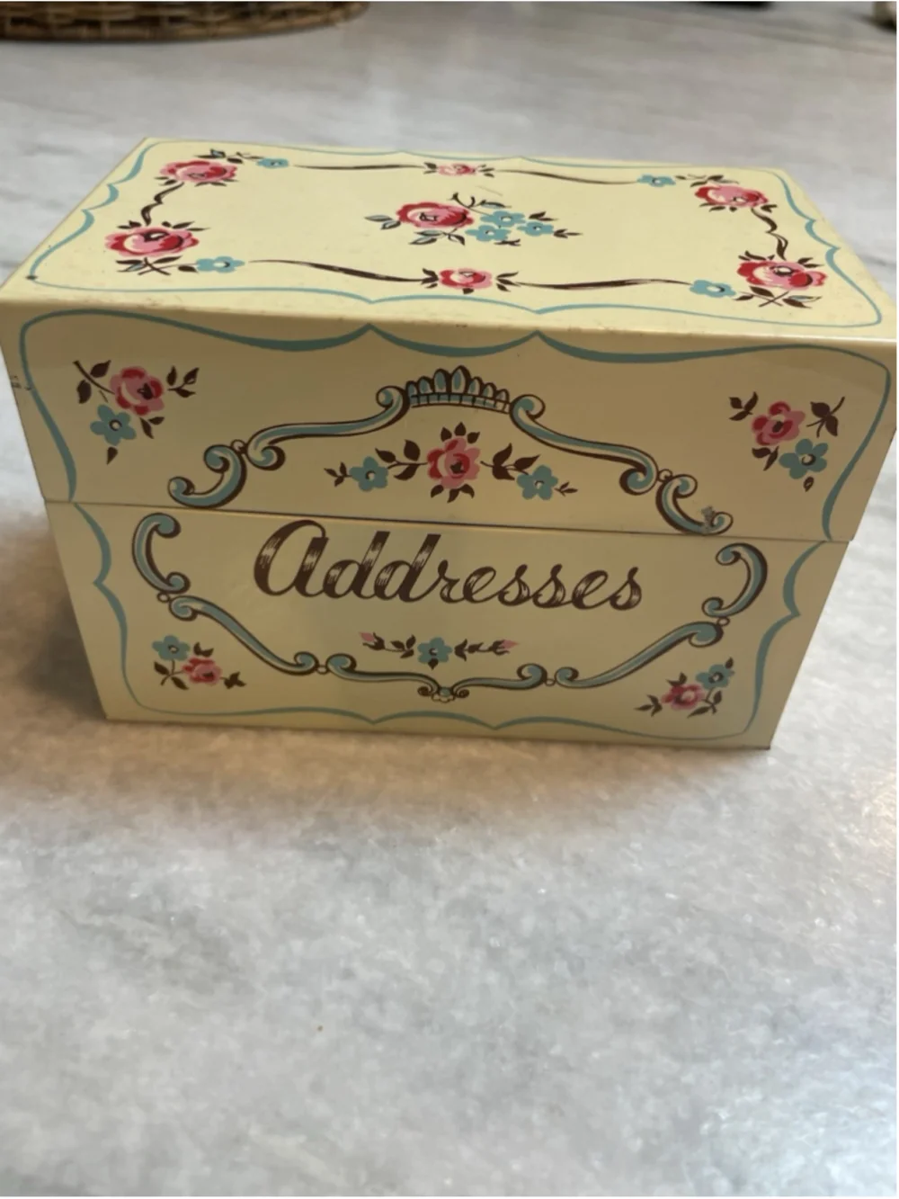 Vintage Stylecraft Floral Metal Address Card File Box w/ Cards Mid Century Decor
